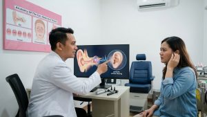 Dokter THT Indonesia sedang menjelaskan penyebab telinga tidak mendengar jelas kepada pasien di ruang konsultasi modern Klinik Utama PERHATI-KL Banten.