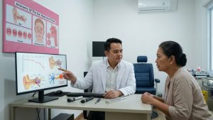 Dokter spesialis THT Indonesia sedang menjelaskan penurunan pendengaran secara perlahan kepada pasien di ruang konsultasi modern Klinik Utama PERHATI-KL Banten.