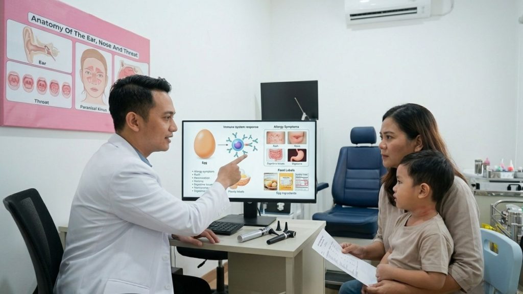 Dokter spesialis sedang memberikan konsultasi alergi telur kepada pasien dan keluarga di ruang pemeriksaan Klinik Utama PERHATI-KL Banten.