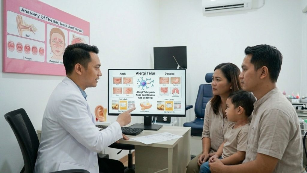 Dokter spesialis sedang menjelaskan perbedaan alergi telur pada anak dan dewasa kepada pasien di ruang konsultasi Klinik Utama PERHATI-KL Banten.