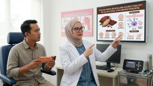 Dokter spesialis sedang menjelaskan gejala alergi coklat kepada pasien dalam sesi konsultasi di Klinik Utama PERHATI-KL Banten.